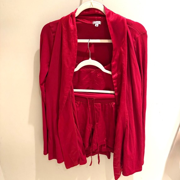 Pj Harlow Other - PJ Harlow 3 Piece Pajama Set Red Satin Camisole Shorts Ribbed Cardigan M